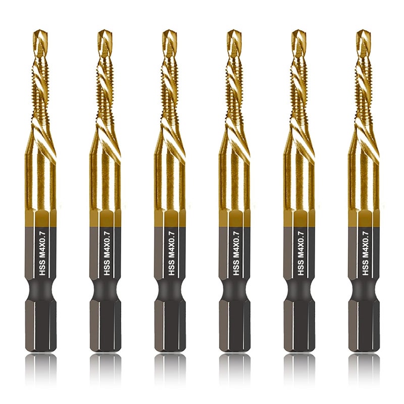DKIBBITH 6-pc Metric M4 Combination Drill Tap Bit Set, M4*0.7 Thread Size, Titanium Coated High-Speed Steel, Ideal for Drilling and Threading in Soft Metal Wood and Plastic,1/4" Hex Shank - Image 1